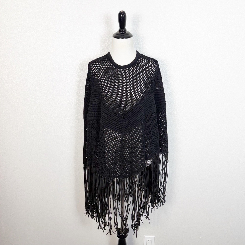 PH5 Crochet Knit Leather Fringe Poncho Size M/L Black Western Boho Witchy